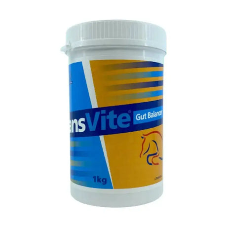 White plastic container of transvite gut balancer combined probiotic prebiotic powder for horse digestive gut balancers