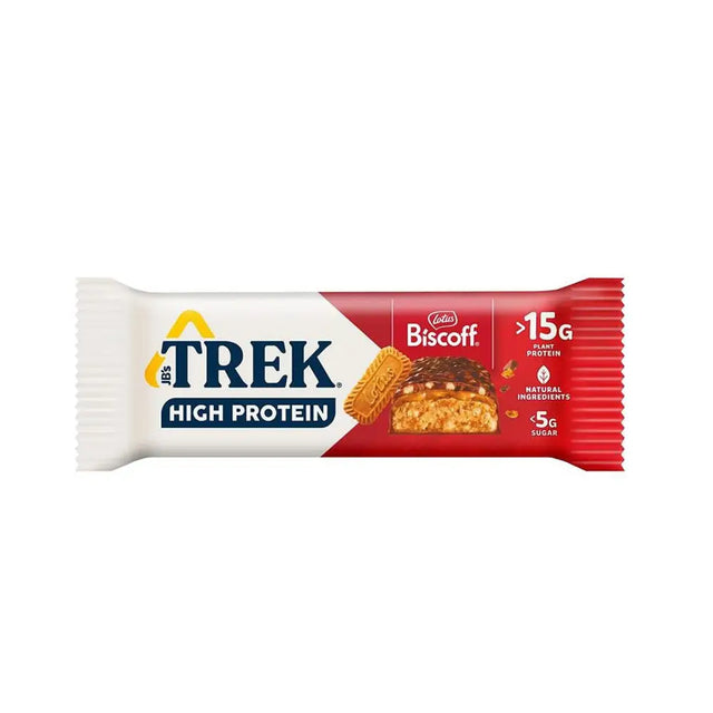 A red and white wrapped trek high protein biscoff snack bar with chocolate topping for a tasty protein boost