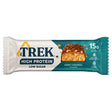 A trek high protein chocolate caramel bar in teal and white wrapper with nuts on top for a protein chocolate caramel boost