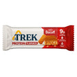 Packaged trek protein flapjack biscoff snack bar with white and red wrapper showing a golden brown biscuit image