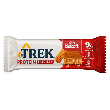 Packaged trek protein flapjack biscoff snack bar with white and red wrapper showing a golden brown biscuit image