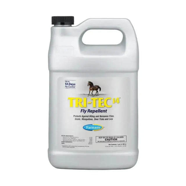 White plastic jug of tri-tec 14 refill insecticidal spray kills stable flies and deer flies for horses