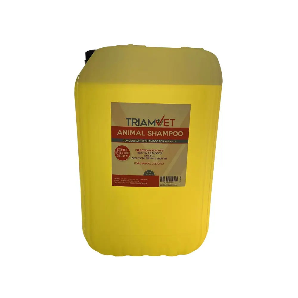 Yellow plastic container of triamvet animal concentrated shampoo for pets cleaning and care