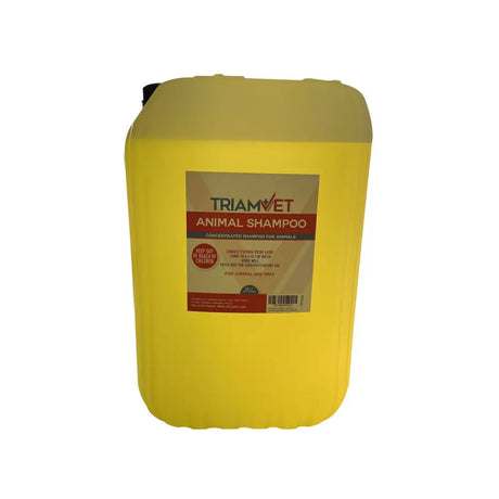 Yellow plastic container of triamvet animal concentrated shampoo for pets cleaning and care