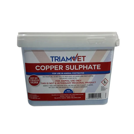 White plastic container with red and blue label of triamvet copper sulphate for animal footbaths use