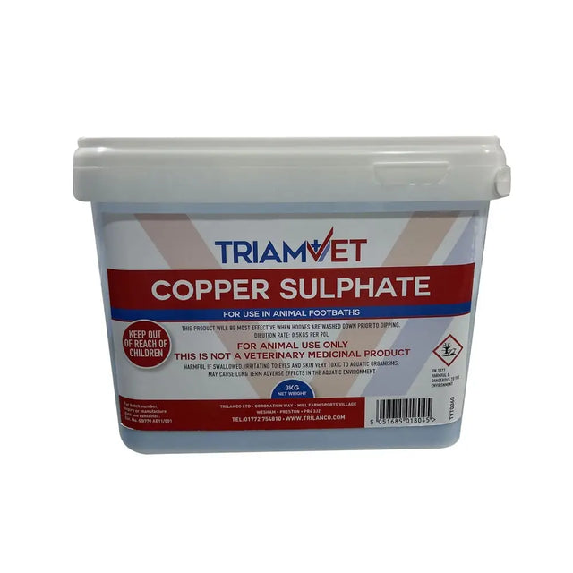 White plastic container with red and blue label of triamvet copper sulphate for animal footbaths use