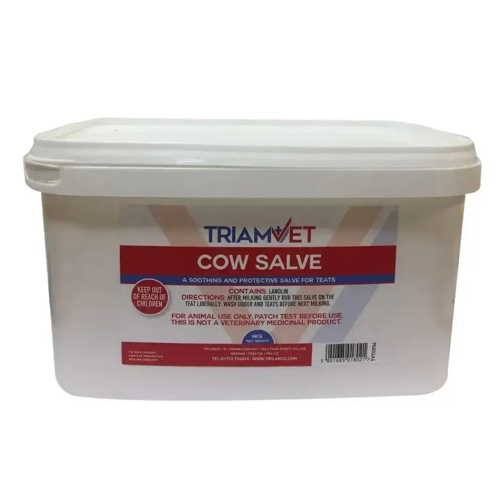 White plastic container with a red and blue label for triamvet cow salve protective salve for cows