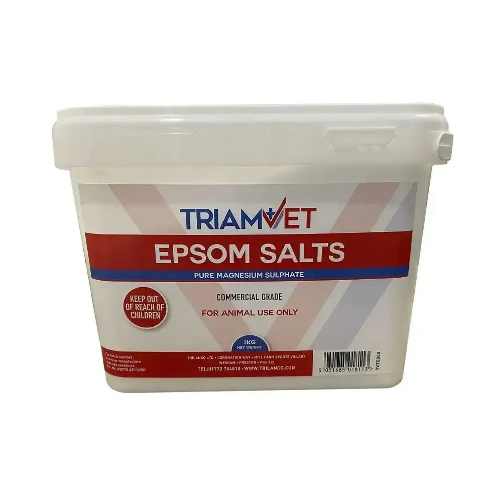 White plastic container of triamvet epsom salts pure magnesium sulphate for animal use only epsom salts commercial