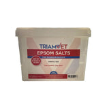 A white plastic container of triamvet epsom salts with red and blue text for animal use containing pure magnesium sulphate