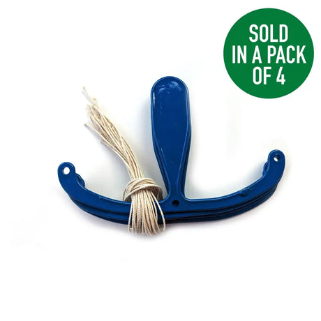 Blue plastic triamvet ewe prolapse spoon with beige string tied around the center for easy use in prolapse cases