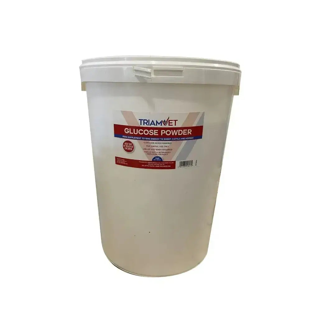 White plastic bucket with a white lid and red label of triamvet glucose powder for animal husbandry use