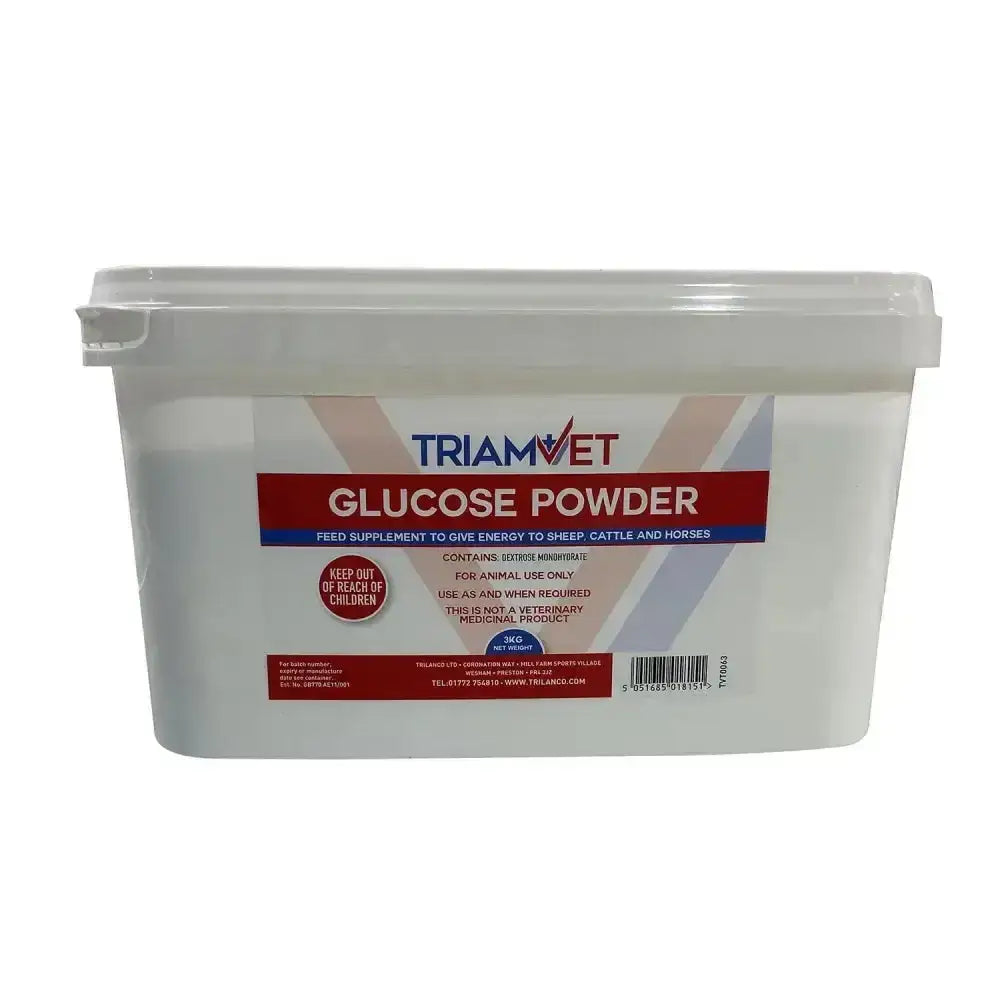 White plastic container of triamvet glucose powder animal feed supplement for animal husbandry use