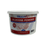 White plastic container of triamvet glucose powder feed supplement for sheep cattle and horses in animal husbandry