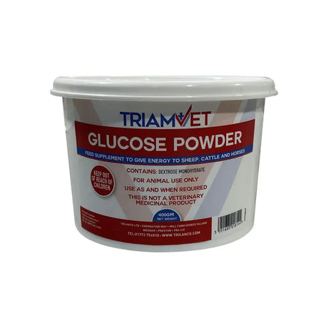 White plastic container of triamvet glucose powder feed supplement for sheep cattle and horses in animal husbandry