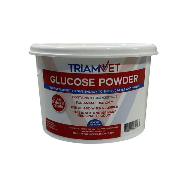 White plastic container of triamvet glucose powder feed supplement for sheep cattle and horses in animal husbandry