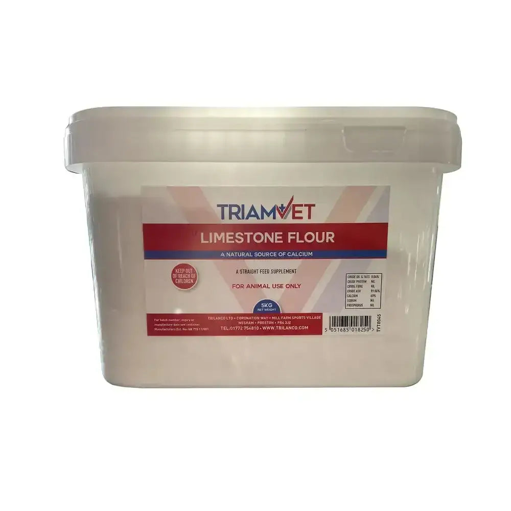 White plastic container of triamvet limestone flour natural calcium source for animal use only