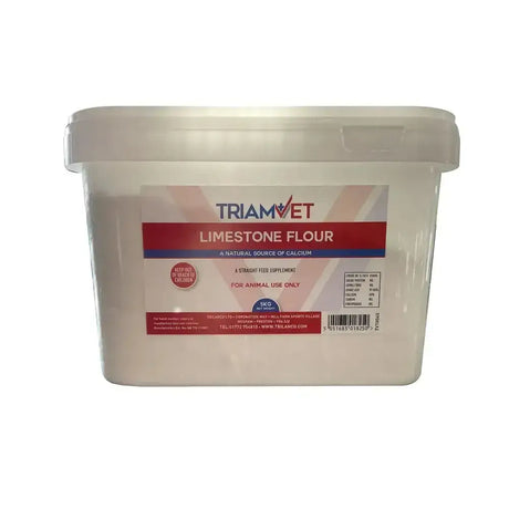 White plastic container of triamvet limestone flour natural calcium source for animal use only