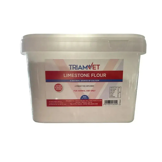 White plastic container of triamvet limestone flour natural calcium source for animal use only