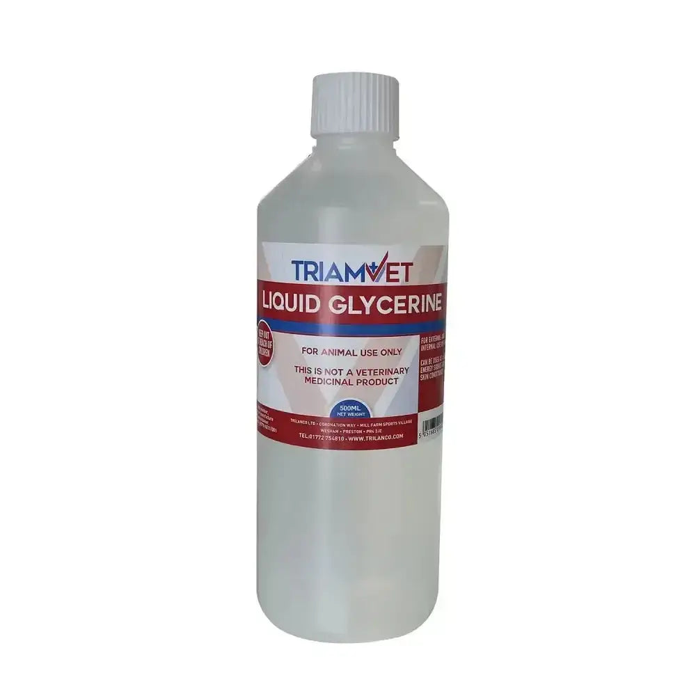 A clear plastic bottle with white cap labeled triamvet liquid glycerine in red and blue on a white label