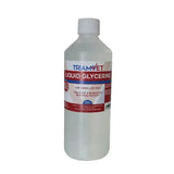 A clear plastic bottle with white cap labeled triamvet liquid glycerine in red and blue on a white label