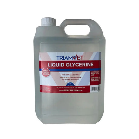 A translucent 5 liter jug of triamvet liquid glycerine with a white screw cap and handle for easy carrying