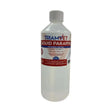 A clear plastic bottle of triamvet liquid paraffin with a white cap labeled containing white mineral oil