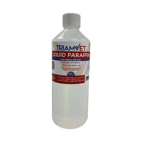 A clear plastic bottle of triamvet liquid paraffin with a white cap labeled containing white mineral oil