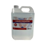 A translucent white plastic jug of triamvet liquid paraffin with a gray cap and handle for animal use only