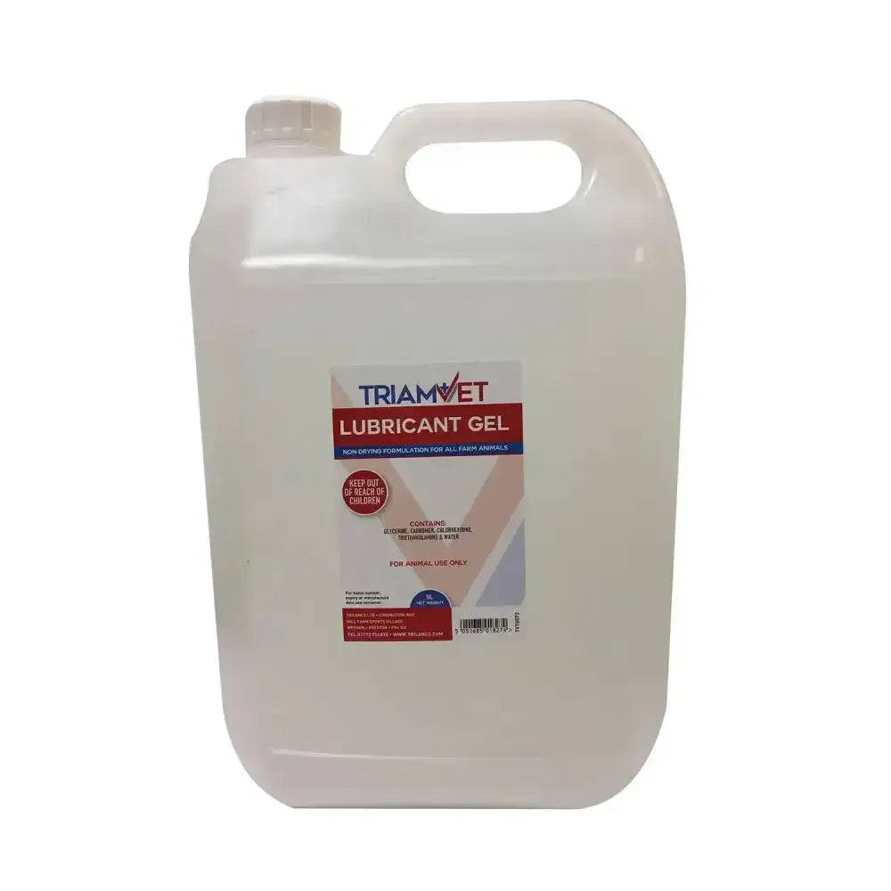 A white plastic jug with handle and cap labeled triamvet lubricant gel for animal use featuring non-drying formula