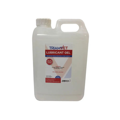 White plastic jug of triamvet lubricant gel with red and blue label for animal use non-drying lubricant gel