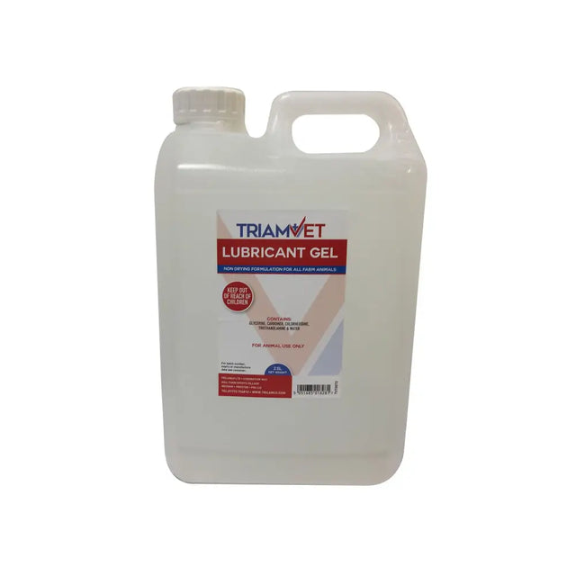 White plastic jug of triamvet lubricant gel with red and blue label for animal use non-drying lubricant gel