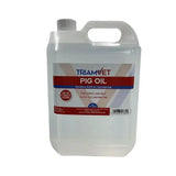 A translucent white plastic jug with handle and gray cap labeled triamvet pig oil for farm use with technical white oil