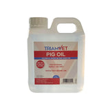 White plastic jug with handle and screw cap labeled triamvet pig oil in red and blue for technical white oil use