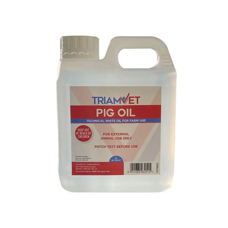 White plastic jug with handle and screw cap labeled triamvet pig oil in red and blue for technical white oil use