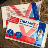 Triamvet poultice dressing in red white and blue package with clear window showing non-sterile poultice dressings for horse care