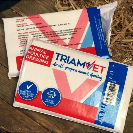 Triamvet poultice dressing in red white and blue package with clear window showing non-sterile poultice dressings for horse care