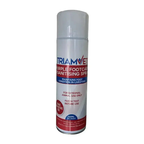Triamvet purple footcare sanitising spray in a white aerosol can with red and blue labeling maintains clean feet