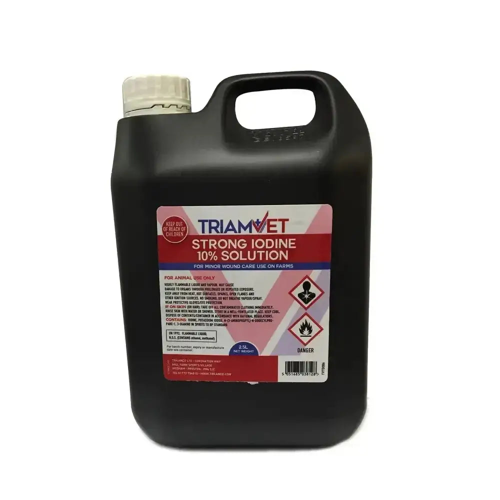 Black plastic jug with white cap and colorful label for triamvet strong iodine 10% solution used on newborn lambs external areas