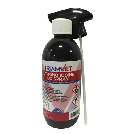 Black plastic bottle with white cap and spray nozzle labeled triamvet strong iodine 10% spray supplied ready