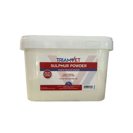 White plastic container of triamvet sulphur powder with red and blue label for distilling sulphur use