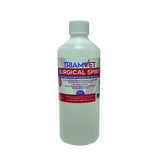 A clear plastic bottle with a white cap labeled triamvet surgical spirit in bold red and blue text