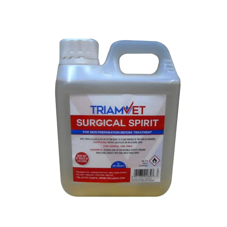 A translucent plastic jug with white handle and cap labeled triamvet surgical spirit for skin prep before treatment