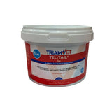 Red and white labeled plastic bucket of triamvet tel-tail paint used as a veterinary heat detection aid for mounting activities