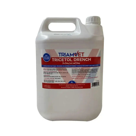 White plastic jug with white cap and triamvet tricetol drench label for dairy cows and sheep use