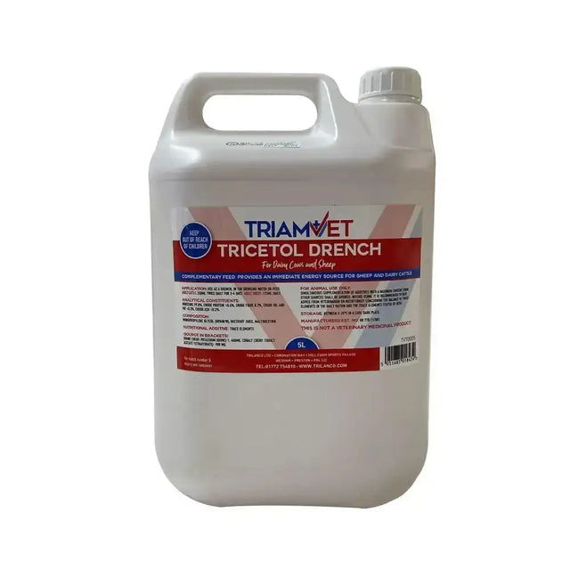 White plastic jug with white cap and triamvet tricetol drench label for dairy cows and sheep use