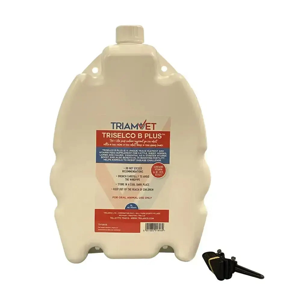 Cream-colored plastic jug with white cap and red triamvet triselco b plus label for unique trace element starter vitamin boost