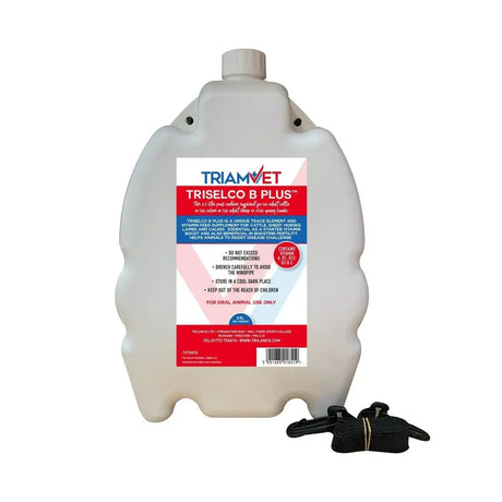 White plastic jug with white cap and black strap labeled triamvet triselco b plus unique trace element starter vitamin boost animal feed supplement