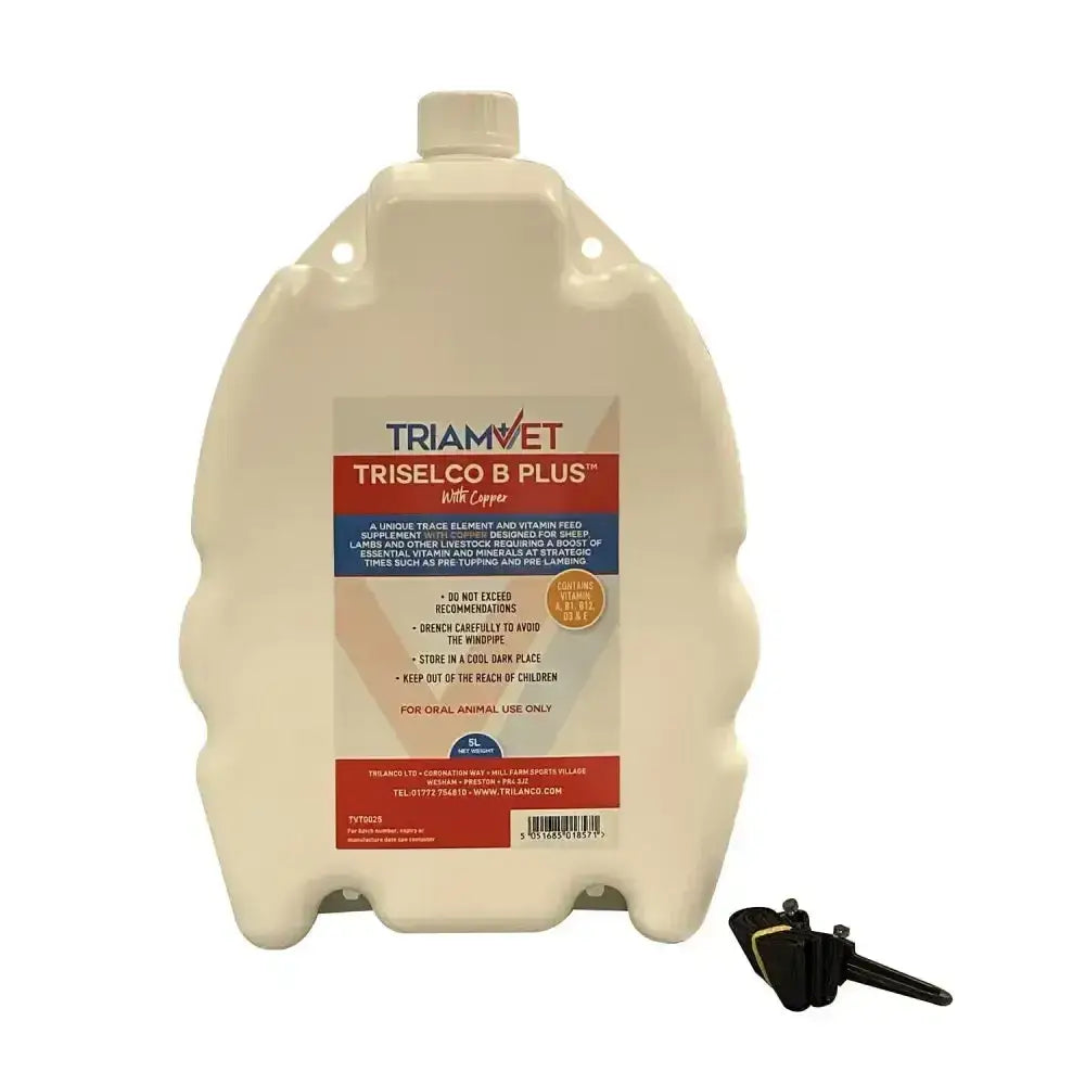 Cream-colored plastic jug of triamvet triselco b plus with copper vitamin feed supplement for dogs with unique trace element
