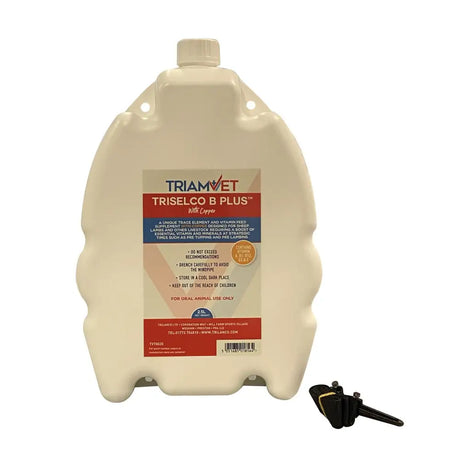Cream-colored plastic jug of triamvet triselco b plus vitamin feed supplement with unique trace element copper for animals