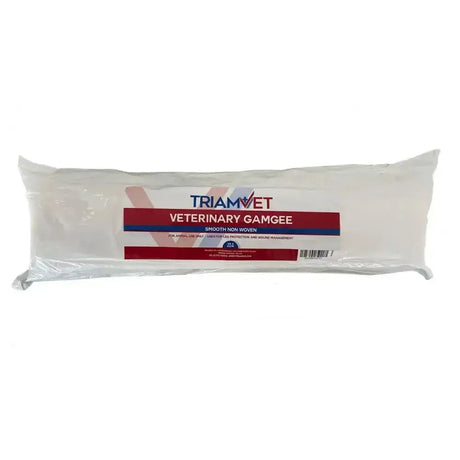 A white smooth non-woven triamvet veterinary gamgee in sealed plastic packaging for wound management
